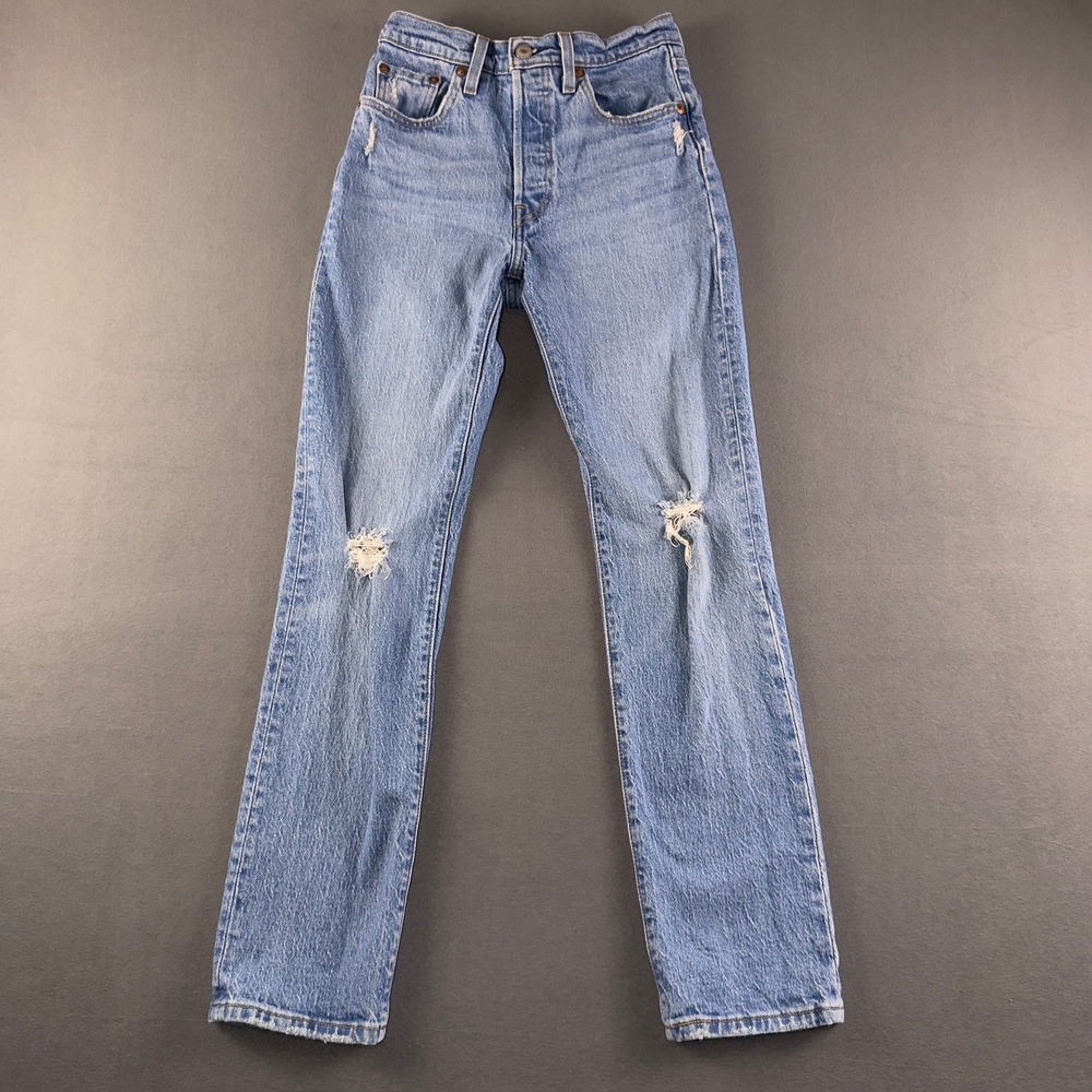 Levis 501 Original Fit High Rise Straight Leg Distressed Jean Light Wash W24 L30